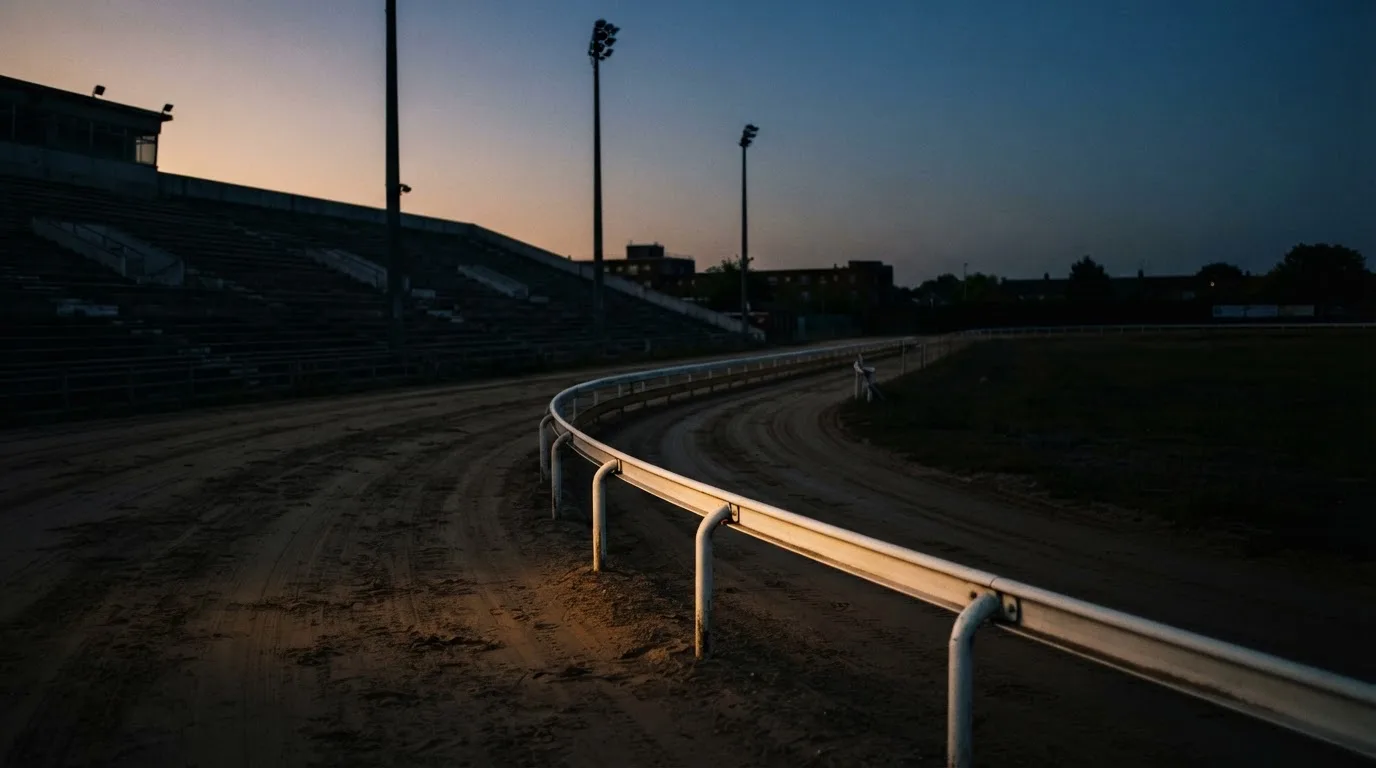 An empty football stadium with floodlight masts at dusk