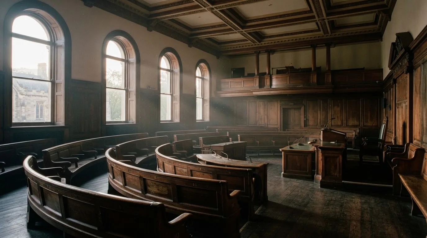 An empty courtroom with wooden benches in morning light