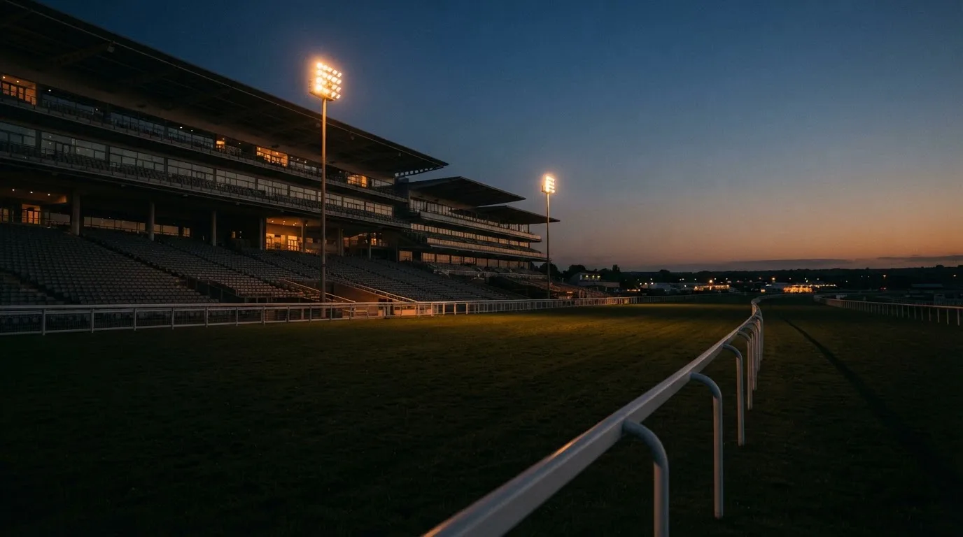 An empty football stadium with floodlight masts at dusk