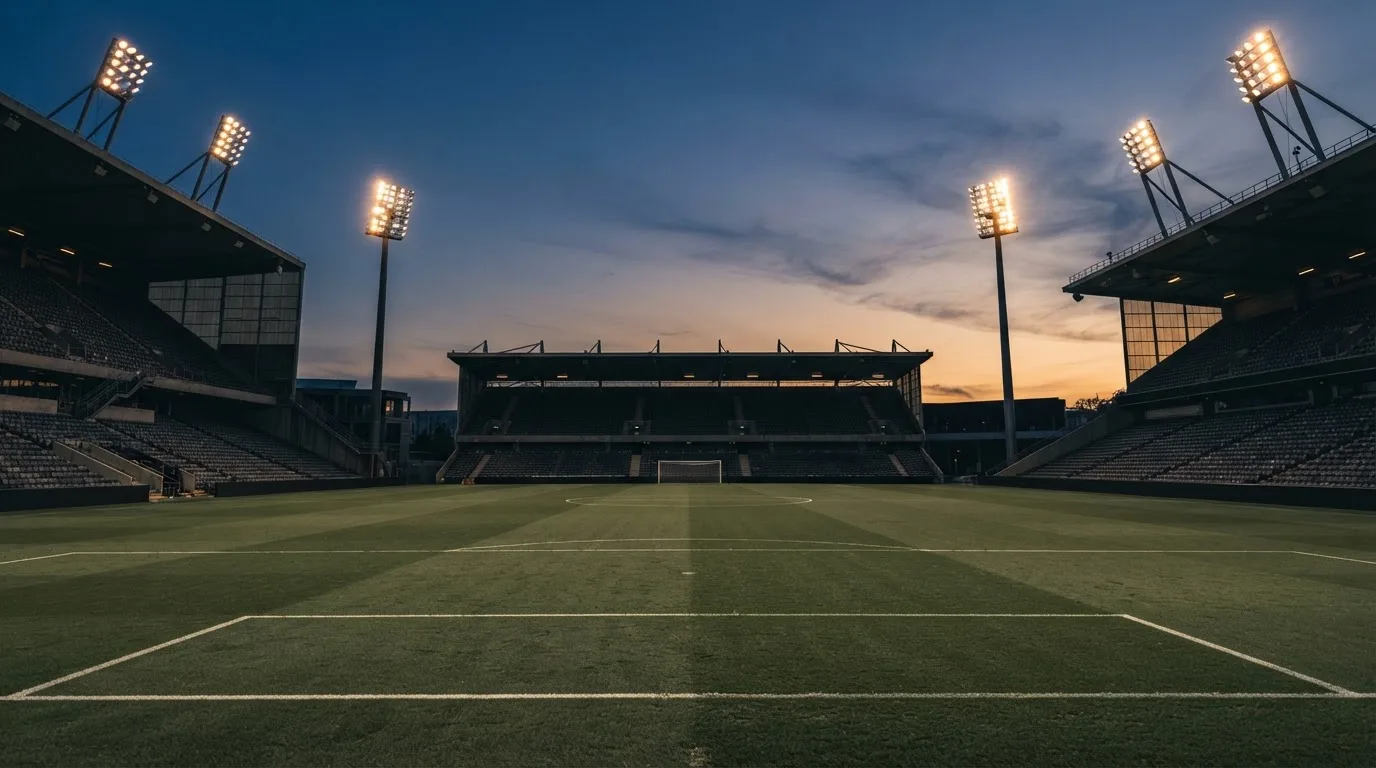 An empty football stadium with floodlight masts at dusk