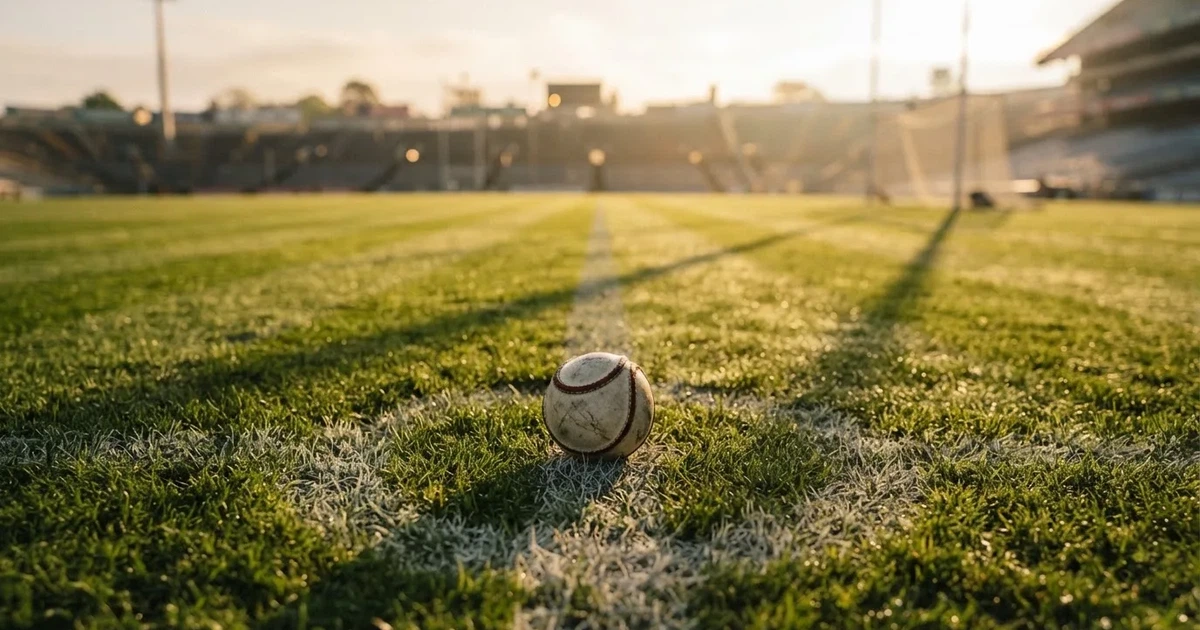 A ball on the centre spot of a grass pitch in morning light