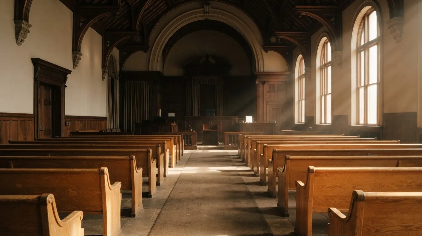 An empty courtroom with wooden benches in morning light