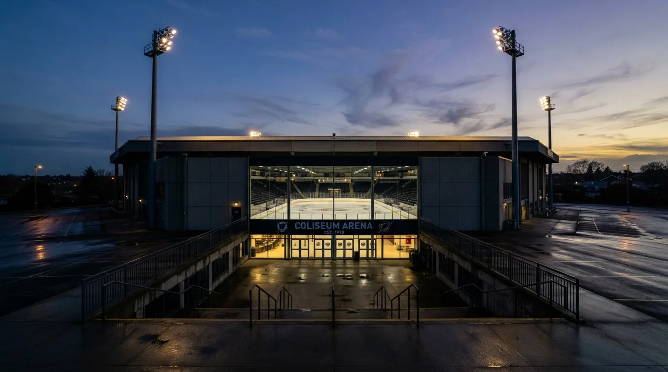 An empty football stadium with floodlight masts at dusk