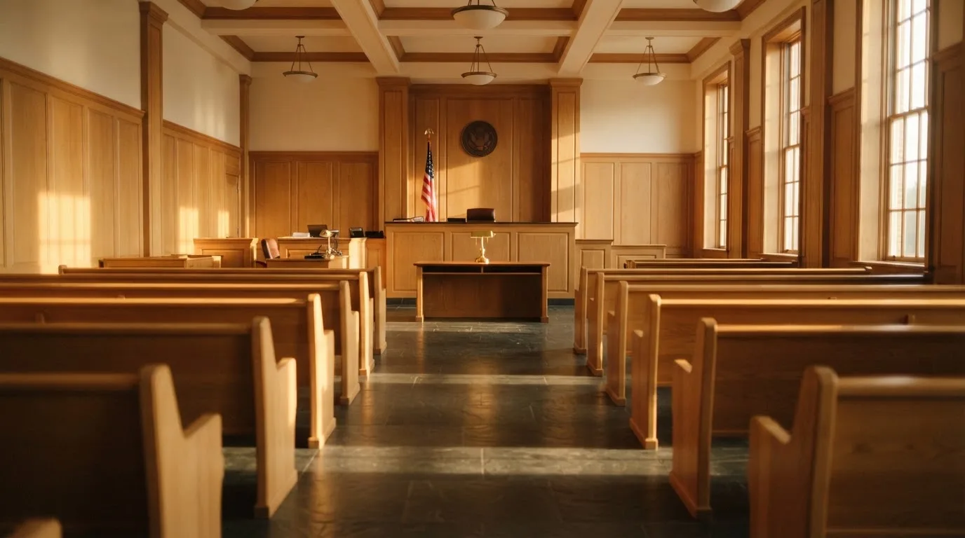 An empty courtroom with wooden benches in morning light