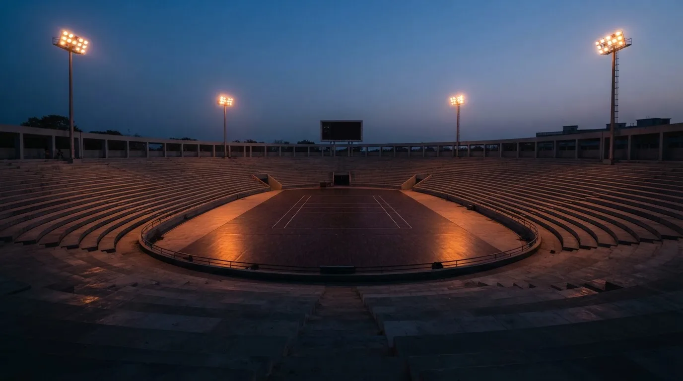 An empty football stadium with floodlight masts at dusk