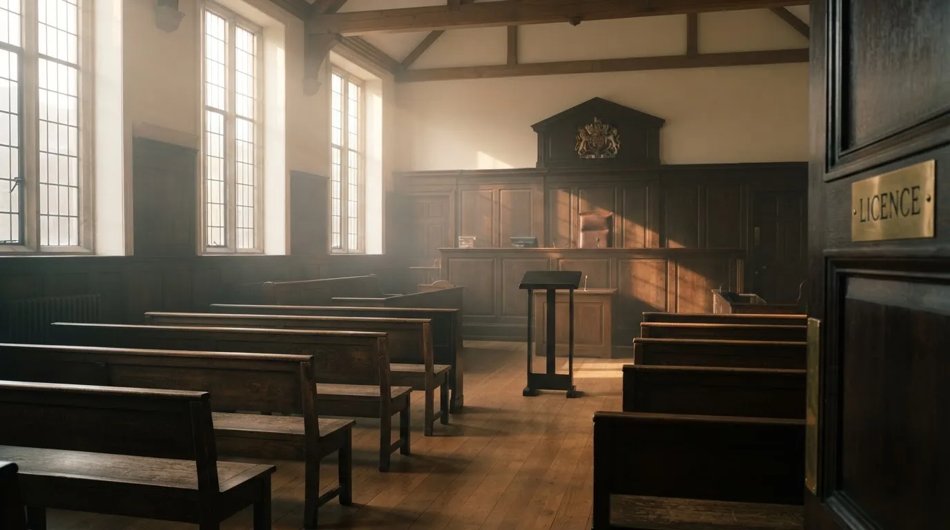 An empty courtroom with wooden benches in morning light