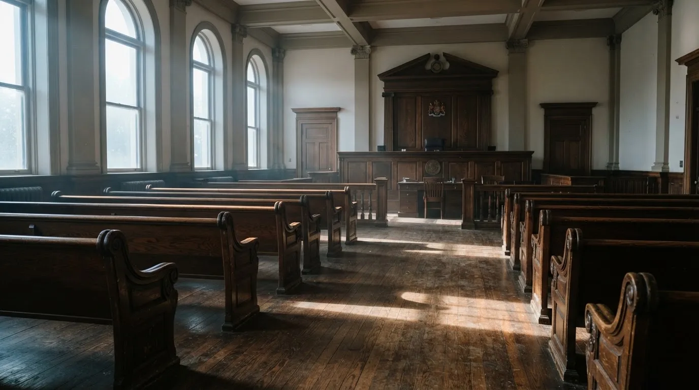 An empty courtroom with wooden benches in morning light