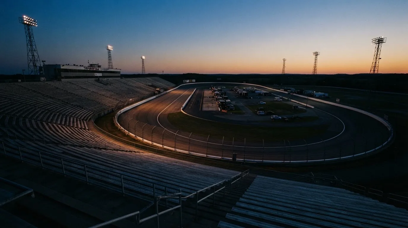 An empty football stadium with floodlight masts at dusk