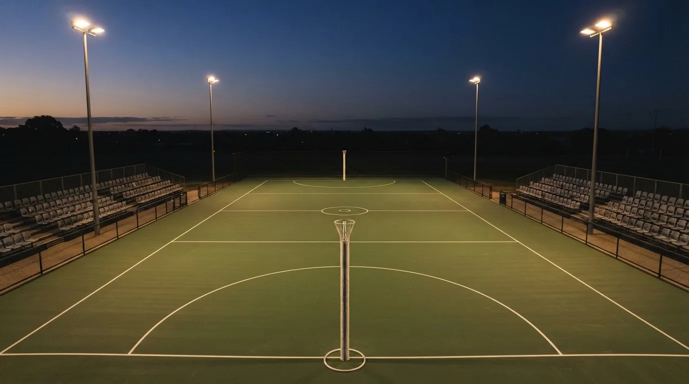 An empty football stadium with floodlight masts at dusk