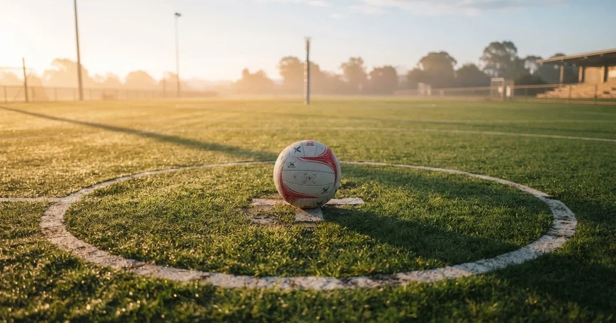 A ball on the centre spot of a grass pitch in morning light