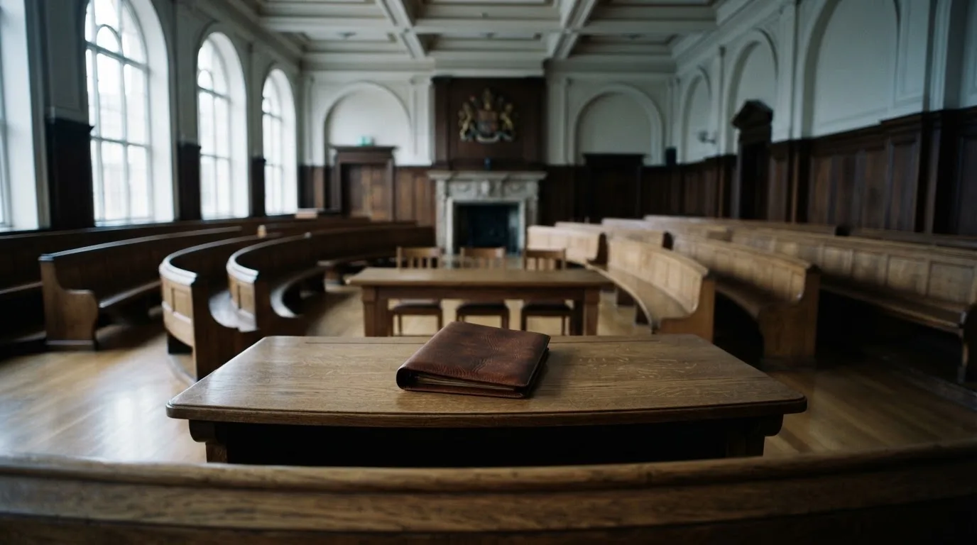 An empty courtroom with wooden benches in morning light