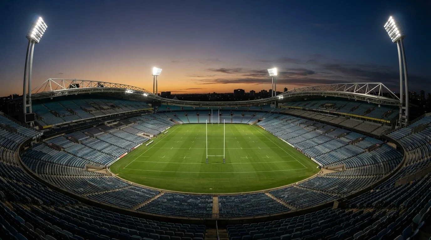 An empty football stadium with floodlight masts at dusk