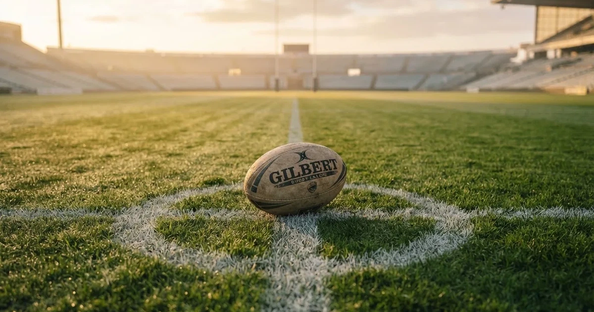 A ball on the centre spot of a grass pitch in morning light