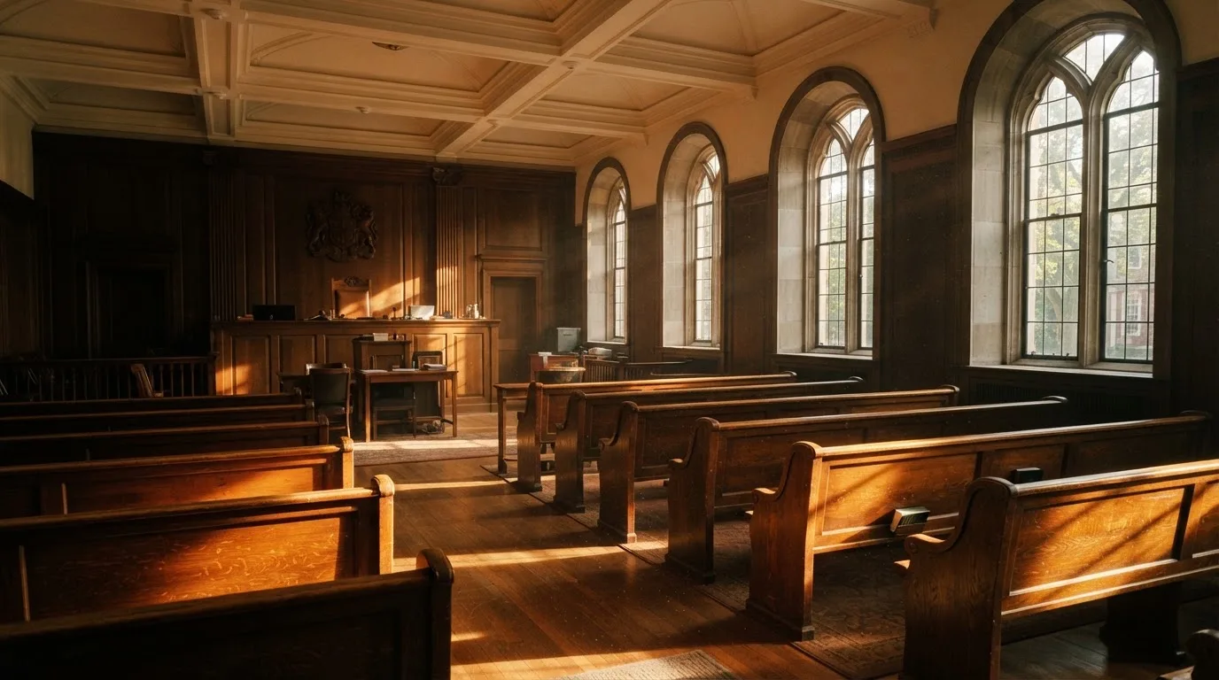 An empty courtroom with wooden benches in morning light