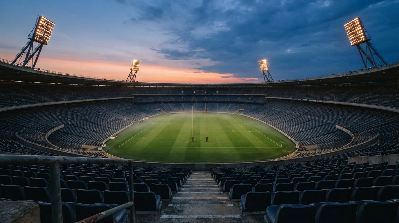 An empty football stadium with floodlight masts at dusk