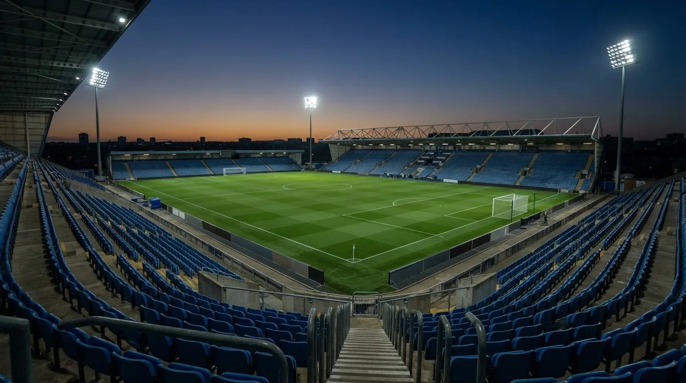 An empty football stadium with floodlight masts at dusk