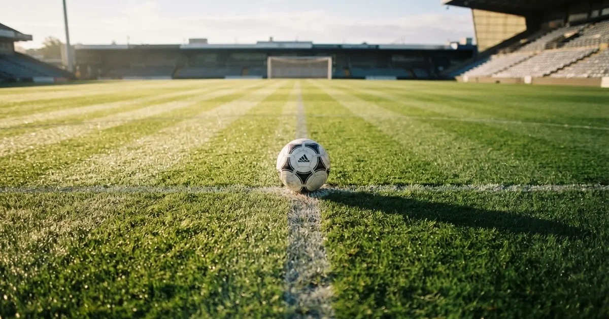 A ball on the centre spot of a grass pitch in morning light