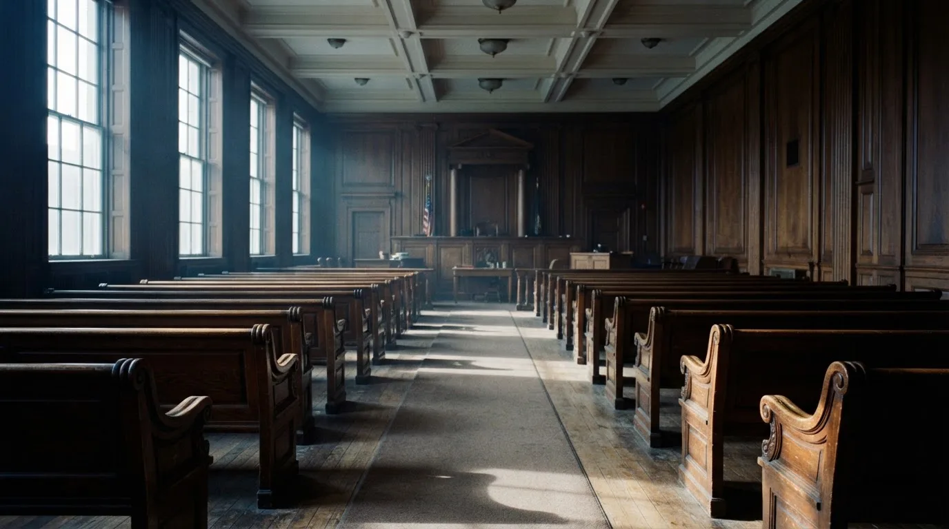 An empty courtroom with wooden benches in morning light