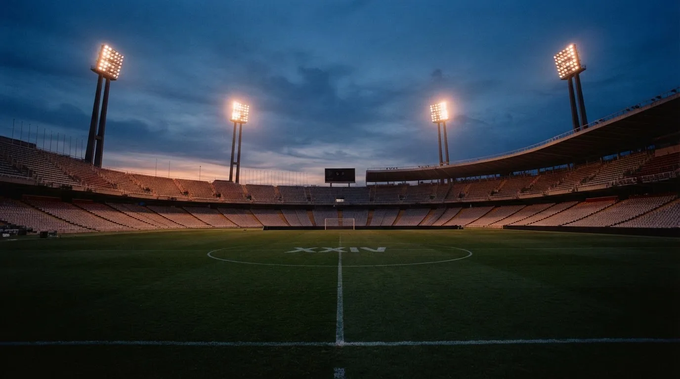 An empty football stadium with floodlight masts at dusk