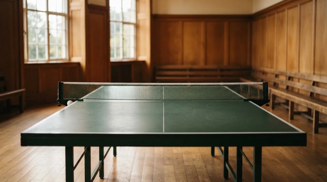 An empty courtroom with wooden benches in morning light
