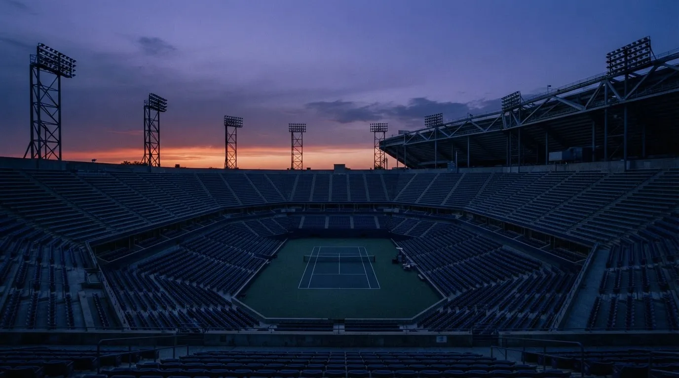 An empty football stadium with floodlight masts at dusk