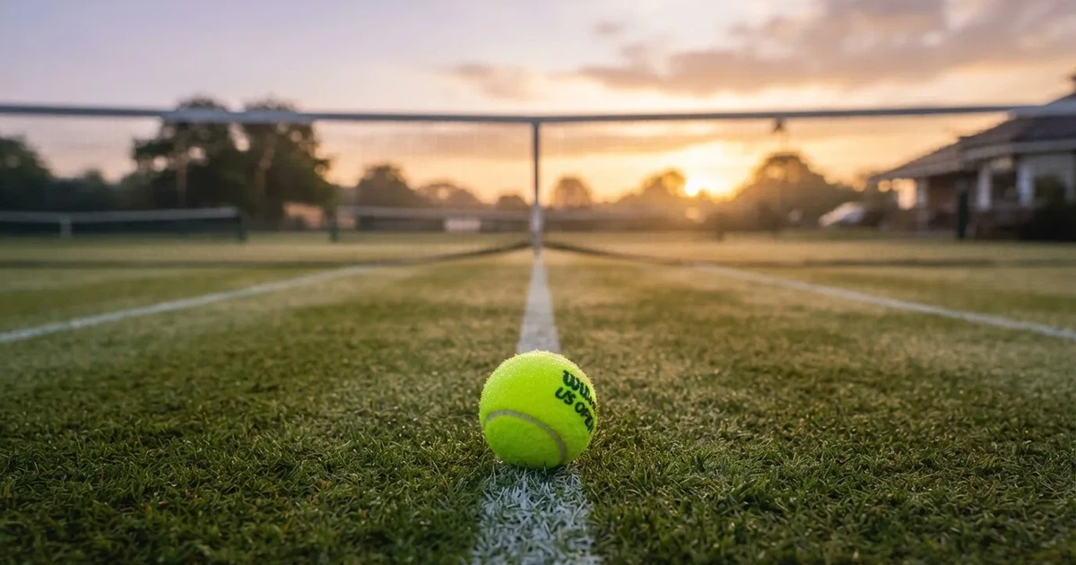 A ball on the centre spot of a grass pitch in morning light