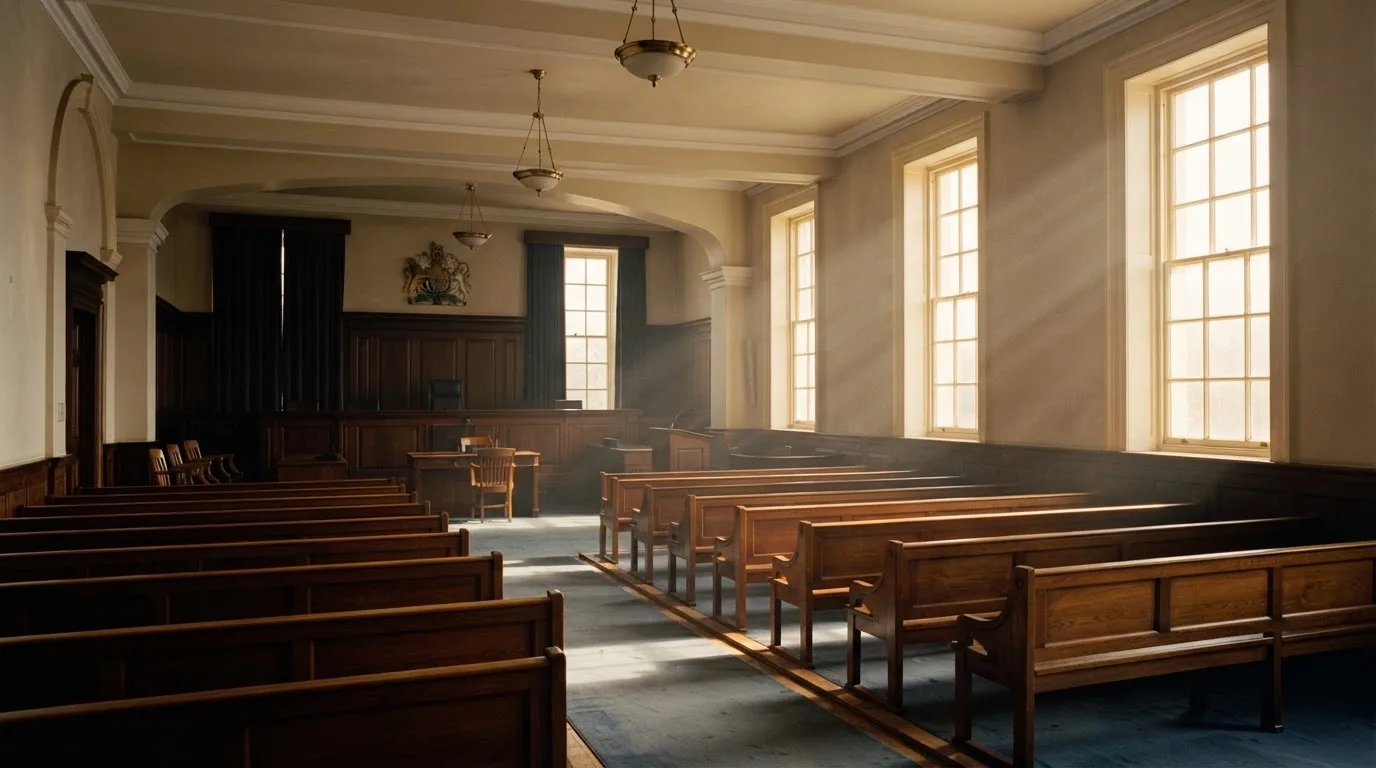 An empty courtroom with wooden benches in morning light