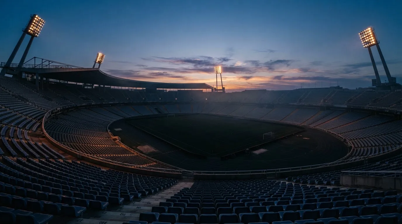 An empty football stadium with floodlight masts at dusk