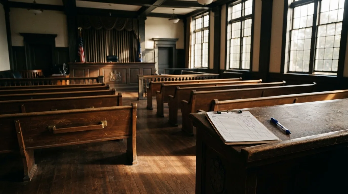 An empty courtroom with wooden benches in morning light