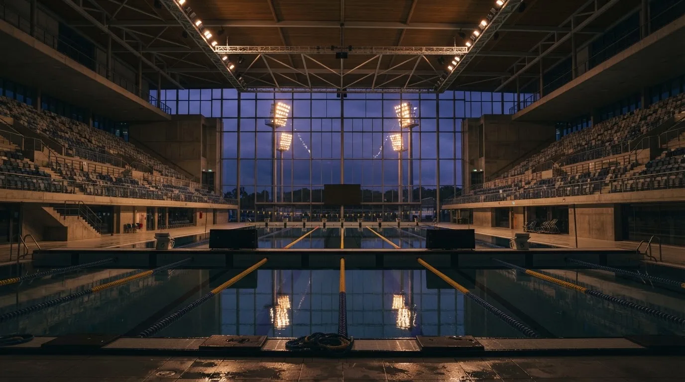 An empty football stadium with floodlight masts at dusk