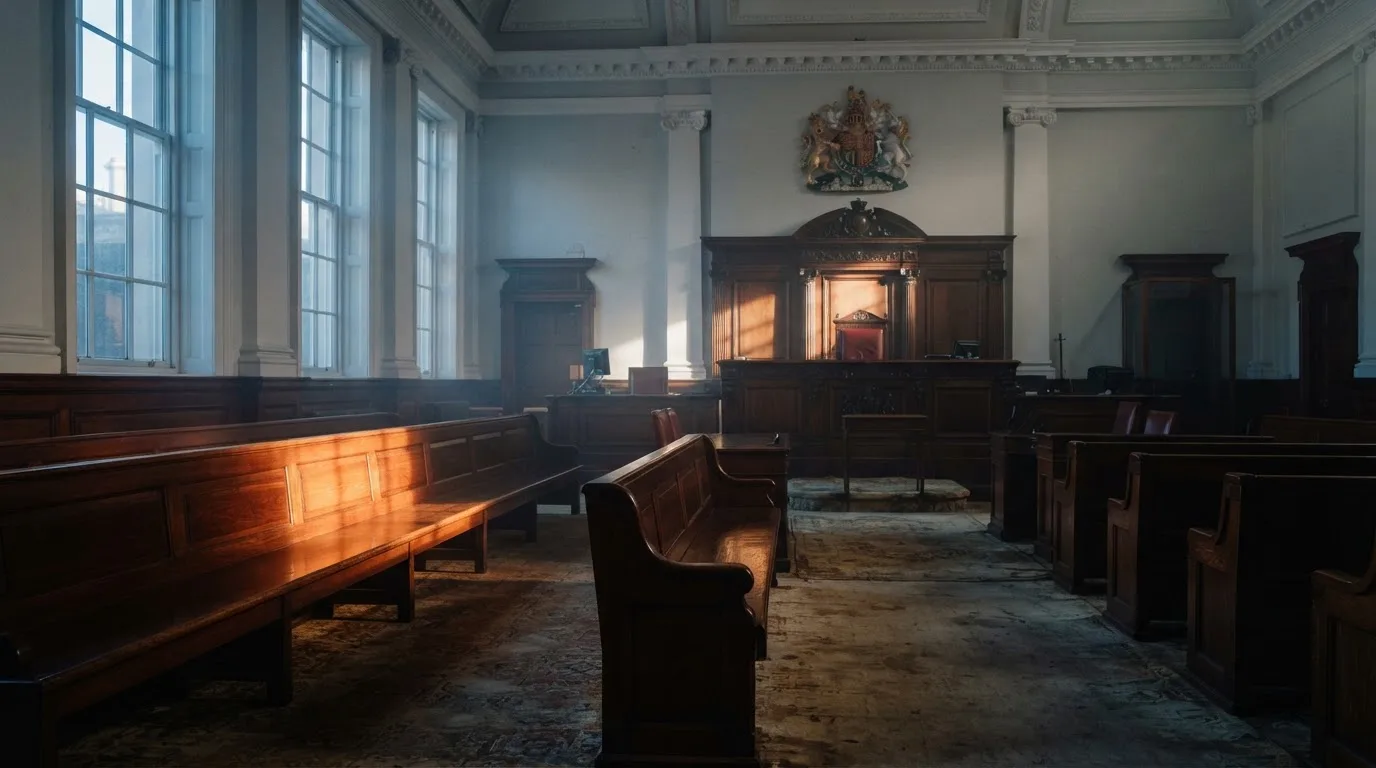 An empty courtroom with wooden benches in morning light
