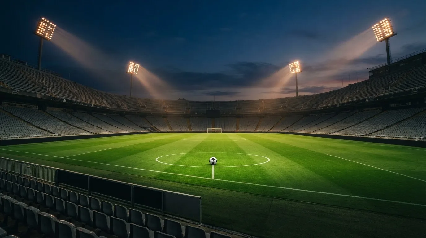 An empty football stadium with floodlight masts at dusk