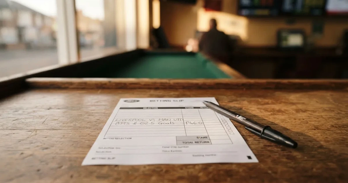 A blank paper betting slip beside a pen on a wooden counter