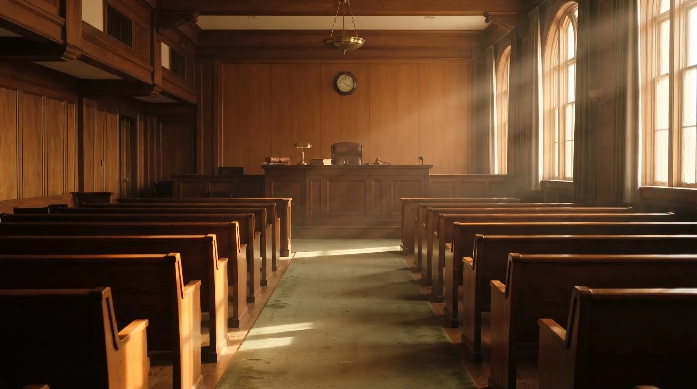An empty courtroom with wooden benches in morning light