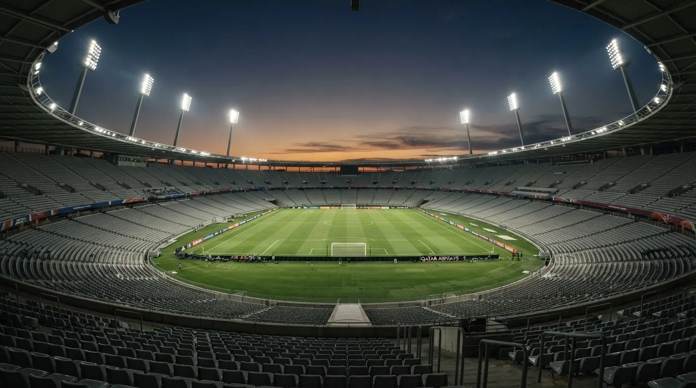 An empty football stadium with floodlight masts at dusk