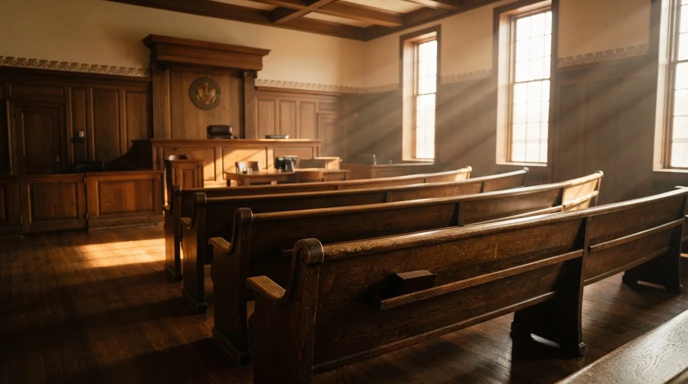 An empty courtroom with wooden benches in morning light