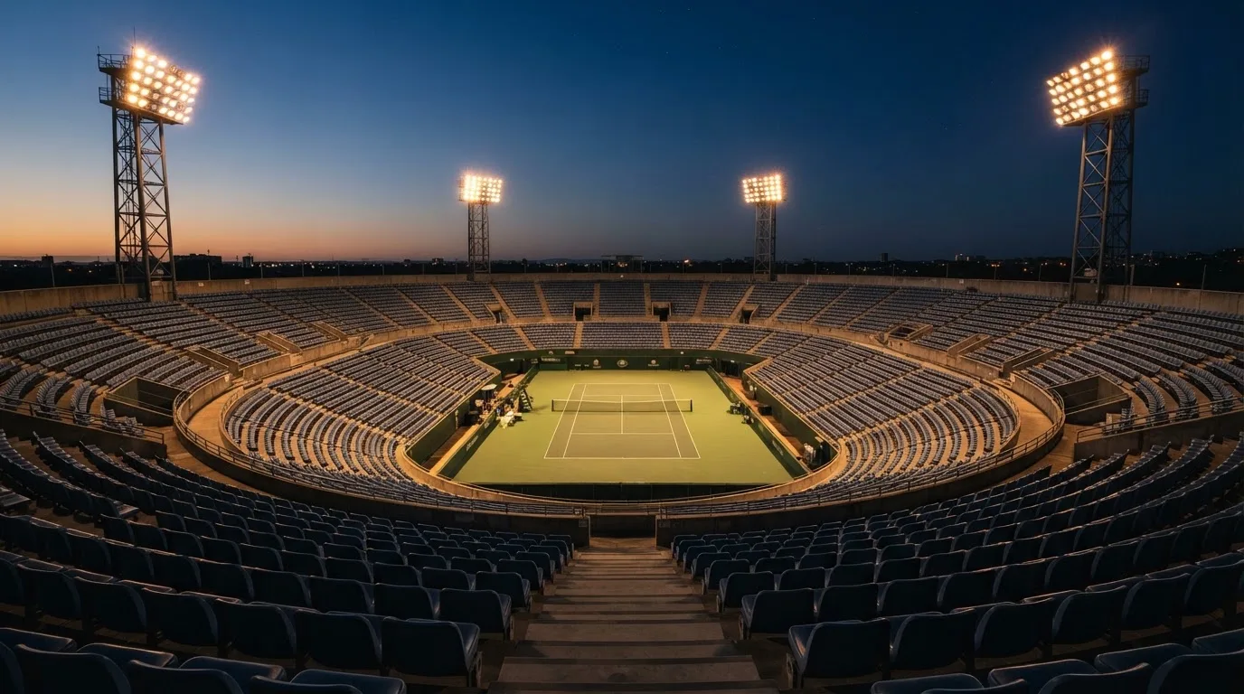 An empty football stadium with floodlight masts at dusk