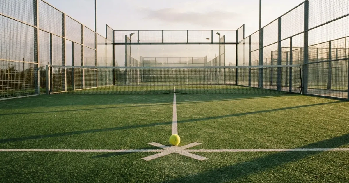 A ball on the centre spot of a grass pitch in morning light
