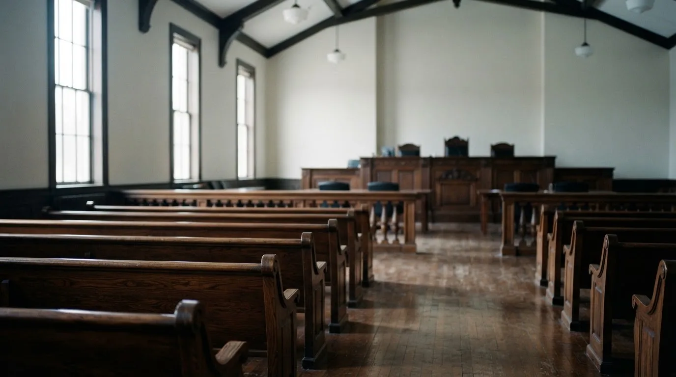 An empty courtroom with wooden benches in morning light