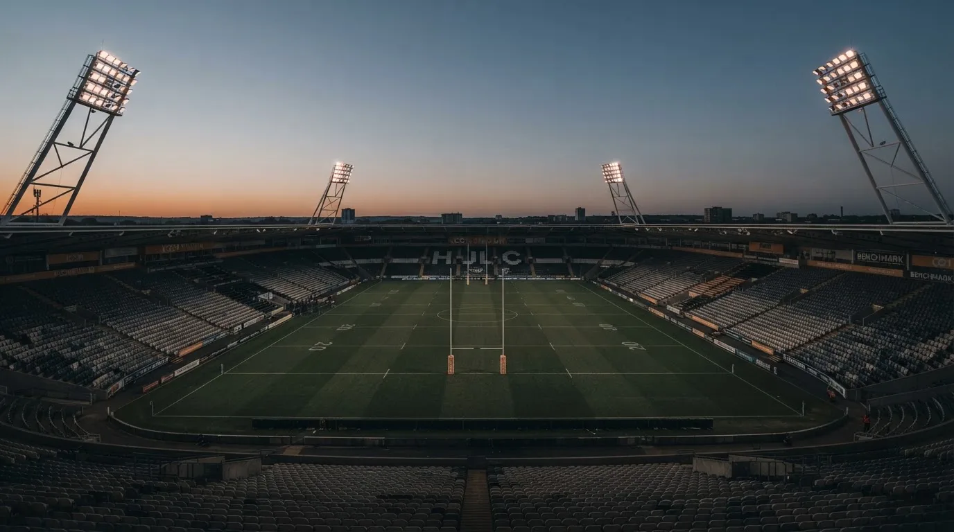 An empty football stadium with floodlight masts at dusk