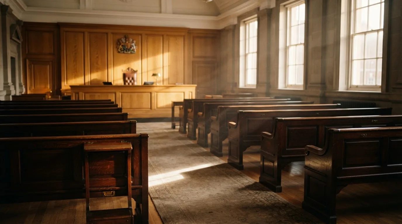 An empty courtroom with wooden benches in morning light