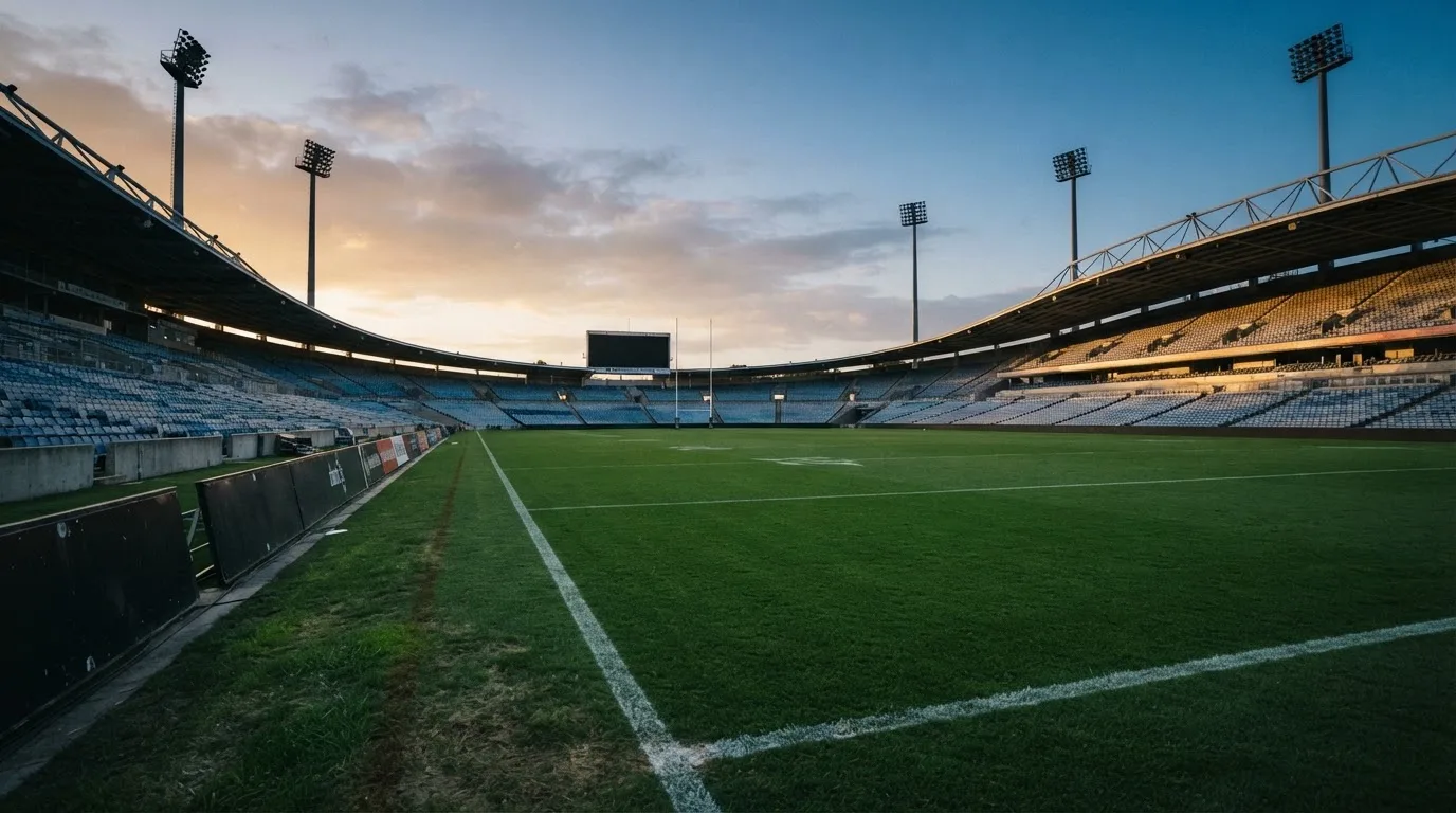 An empty football stadium with floodlight masts at dusk