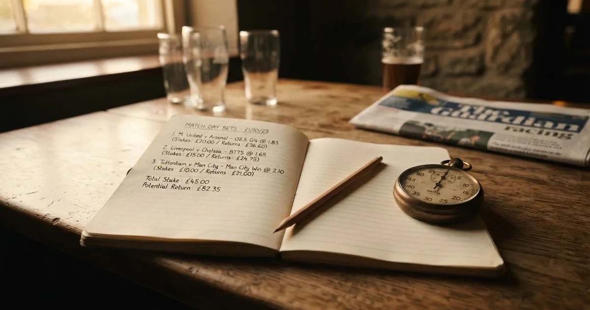 An open notebook with a pencil and a stopwatch on a wooden table