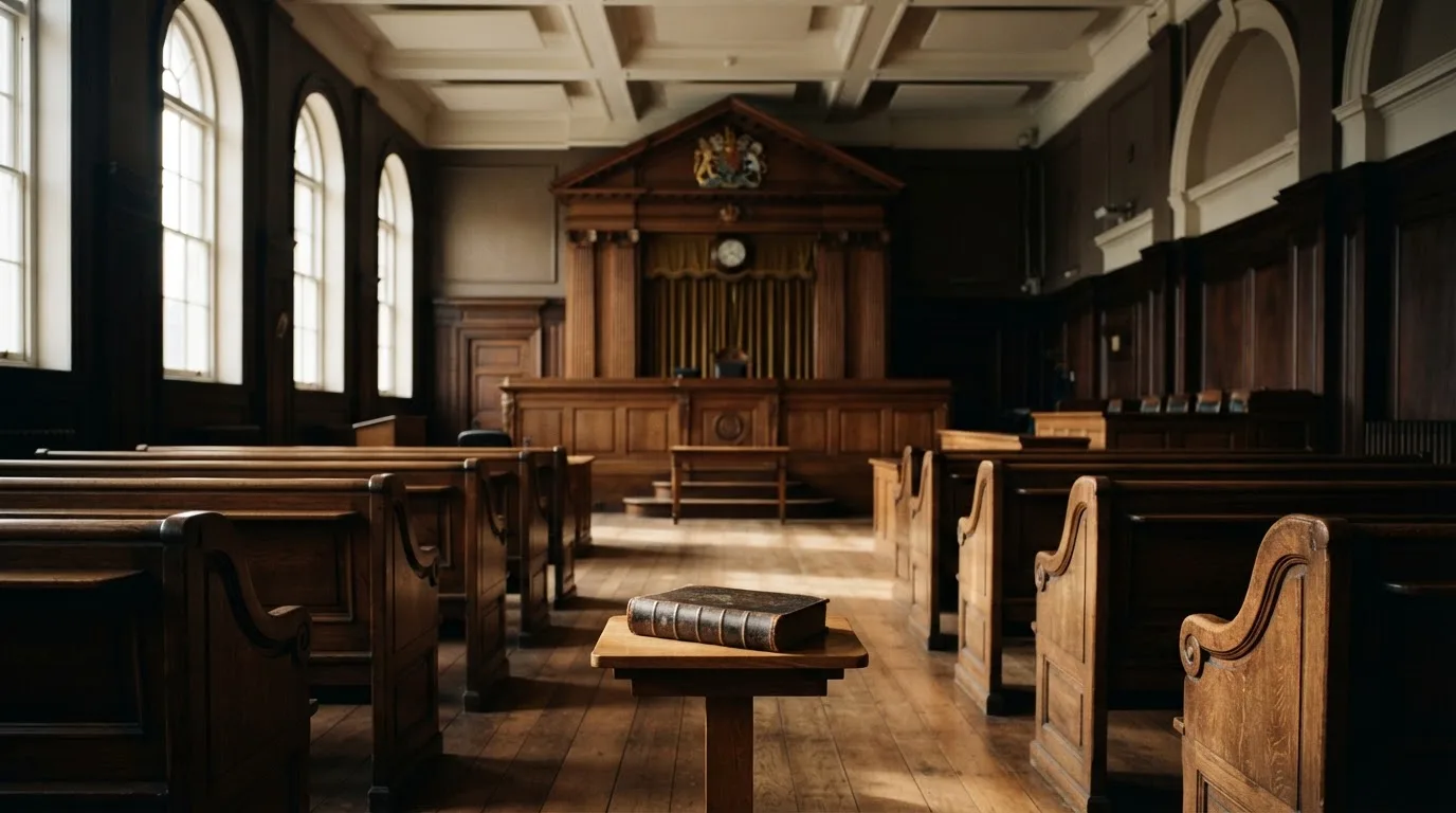 An empty courtroom with wooden benches in morning light