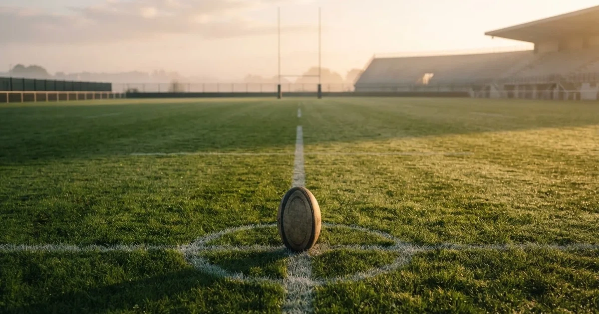 A ball on the centre spot of a grass pitch in morning light