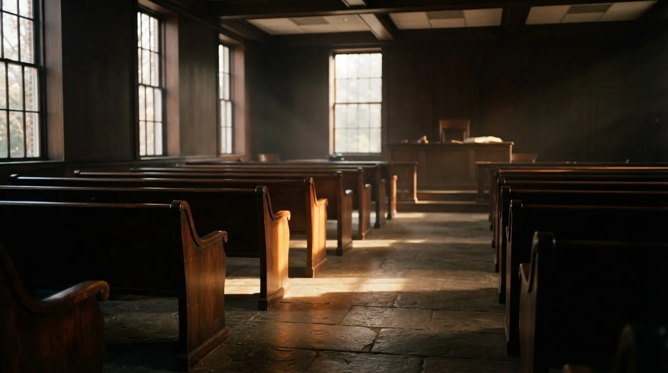 An empty courtroom with wooden benches in morning light