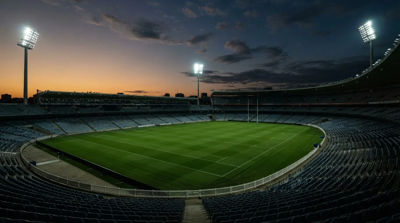 An empty football stadium with floodlight masts at dusk