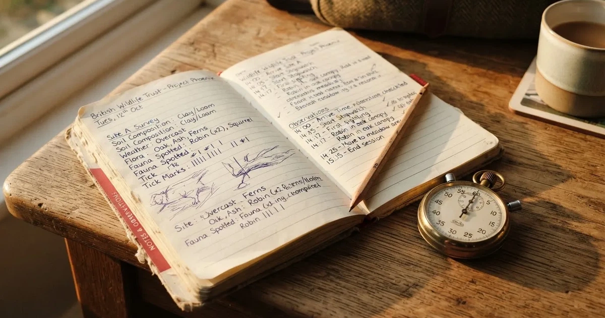 An open notebook with a pencil and a stopwatch on a wooden table