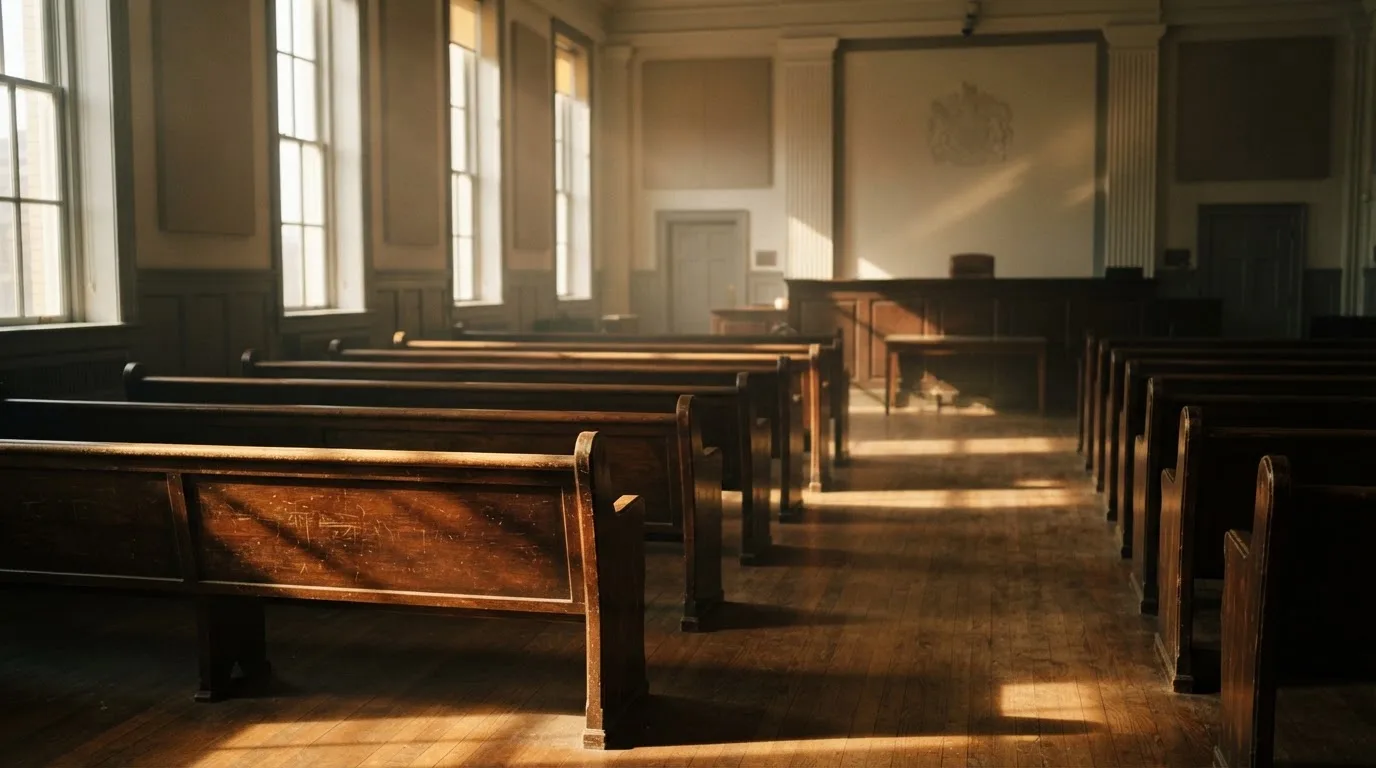 An empty courtroom with wooden benches in morning light