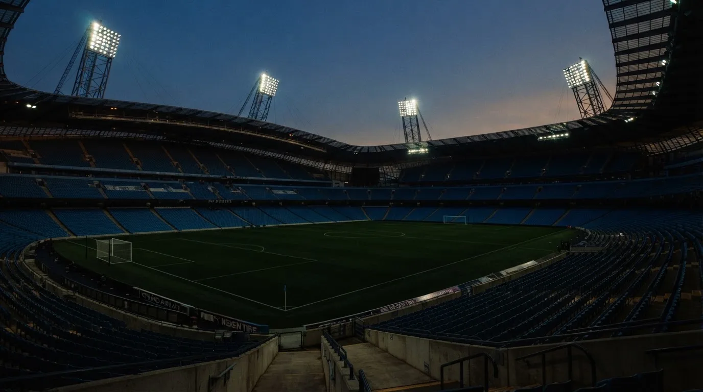 An empty football stadium with floodlight masts at dusk